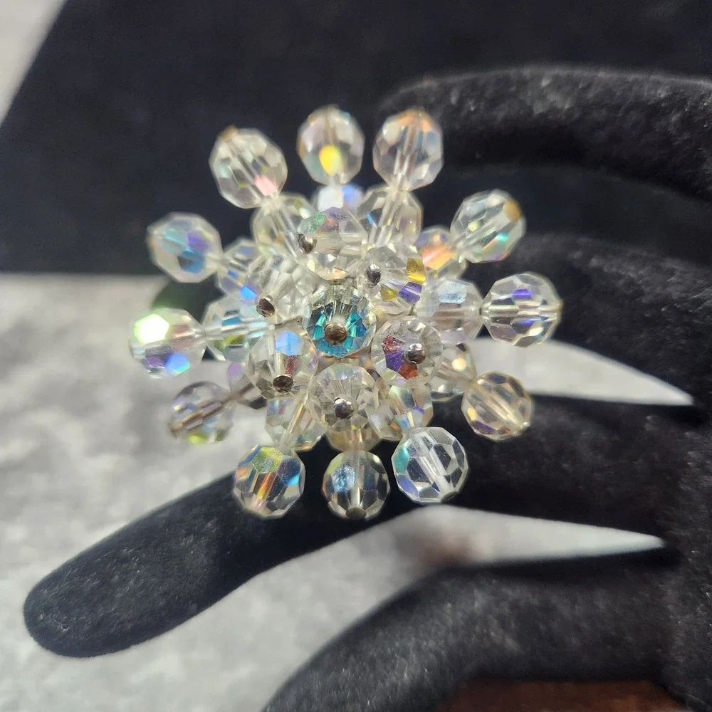 Vintage Aurora Borealis Crystal Bead Snowflake Brooch Silver Tone Iridescent